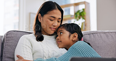 Buy stock photo Hug, laptop and mother with daughter on sofa in home living room for bonding or connection. Computer, family and girl child embracing single parent woman in apartment for relationship security