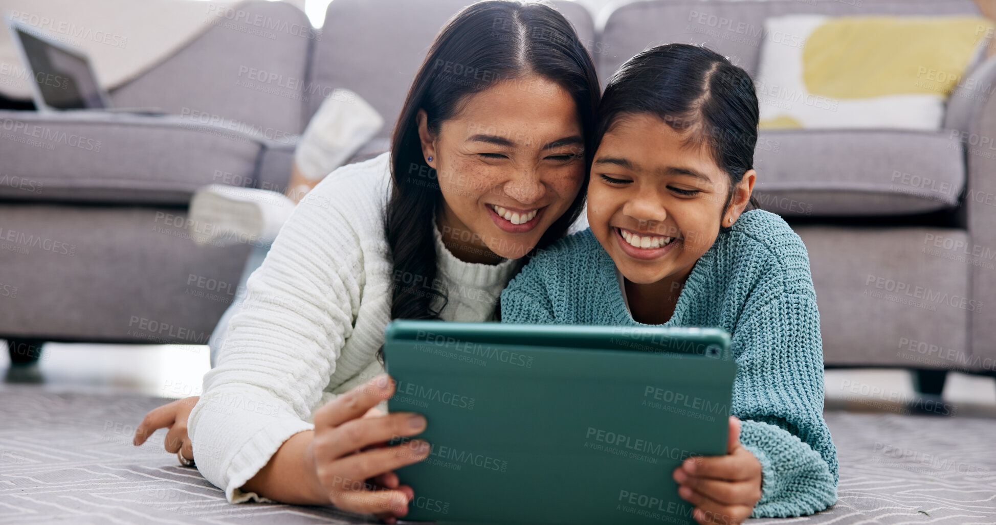 Buy stock photo Daughter, love and mother with tablet on floor in home living room for bonding or streaming. App, family and girl child with single parent woman in apartment for browsing, happiness or internet