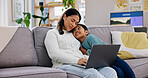 Laptop, love and mother with daughter on sofa in home living room for bonding or connection. Computer, family and girl child with single parent woman in apartment for break or relationship security