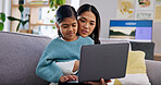 Family, laptop and mom with daughter on sofa in home living room for bonding or connection. Computer, girl child and single parent woman in apartment together for break, love or relationship security