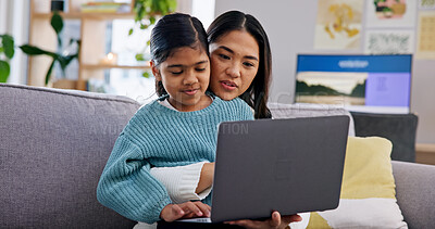 Buy stock photo Family, laptop and mom with daughter on sofa in home living room for bonding or connection. Computer, girl child and single parent woman in apartment together for break, love or relationship security