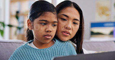 Buy stock photo Laptop, learning and mother with daughter on sofa in home living room for bonding or growth. Computer, family and single parent woman teaching girl child in apartment for development or study