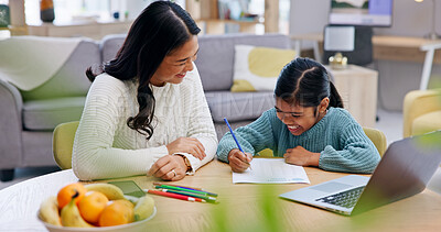 Buy stock photo Homework, mother or girl in home with help, bonding together or learning support for child growth. Laugh, writing or family with task, parent aid or academic guidance in childhood development.