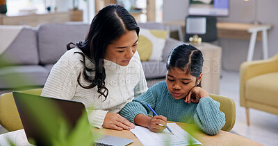 Buy stock photo Homework, mother or girl in house with help, bonding together or learning support for child growth. Knowledge, writing or family with task, parent aid or academic guidance in childhood development.