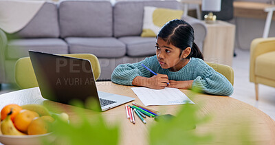 Buy stock photo Laptop, writing and homework with child in home for elearning, assignment and math education. Study, quiz practice and online class with girl and paper in house for student app and remote school