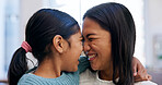 Mother, playful and child at house with smile, love and parental affection for bonding together. Happy, woman or daughter in home with nose touch, connection and childcare for weekend break in lounge