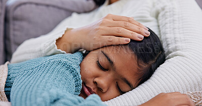 Buy stock photo Mental health, mother and girl on couch with support, parent comfort and help with anxiety trigger. Love, childcare and family in house with embrace, tender moment and empathy with sad emotions.