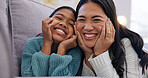 Portrait, mother and relax in home with smile, love and parental support for bonding together. Happy, woman or daughter at house for appreciation, connection and childcare for weekend break in lounge