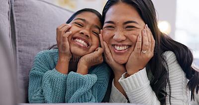 Buy stock photo Portrait, mother and relax in home with smile, love and parental support for bonding together. Happy, woman or daughter at house for appreciation, connection and childcare for weekend break in lounge