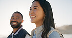 Love, smile and couple outdoor with woman, trust and connection together on summer vacation. Man, partner and bonding in nature for happiness, relationship security and sightseeing on holiday