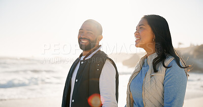 Buy stock photo Love, smile and couple at beach for travel, trust or connection together on summer vacation. Man, woman and bonding with partner by ocean for happiness, relationship security or commitment on holiday