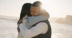 Beach, couple and hug for love on vacation, trust or connection together on summer holiday. Man, woman and embrace partner by ocean for happiness, romantic moment or sunshine on getaway