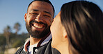 Love, smile and couple outdoor with care, trust and connection together on summer vacation. Man, woman and bonding with partner in nature for happiness, relationship security or commitment on holiday