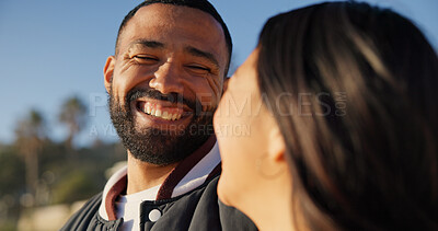 Buy stock photo Love, smile and couple outdoor with care, trust and connection together on summer vacation. Man, woman and bonding with partner in nature for happiness, relationship security or commitment on holiday
