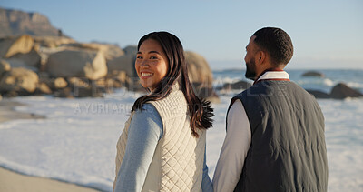 Buy stock photo Love, smile and couple at beach with loyalty, care and connection on summer vacation getaway. Man, woman and bonding with happy partner by sea for relationship security, portrait or travel on holiday