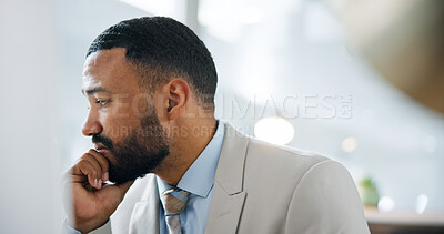 Buy stock photo Thinking, business and man in office with stress, bad news and mistake for financial loss. Thoughts, male person and concern in workplace with computer, bookkeeping error and solution for debt crisis