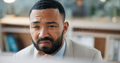 Buy stock photo Confused, business and man in office with computer, bad news and mistake for financial loss. Thinking, male person and stress in workplace with tech, bookkeeping error and solution for debt crisis