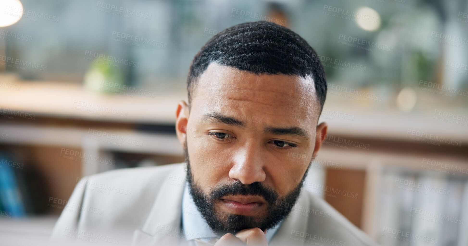 Buy stock photo Confused, corporate and man in office with computer, bad news and mistake for financial loss. Thinking, male person and stress in workplace with tech, bookkeeping error and solution for debt crisis