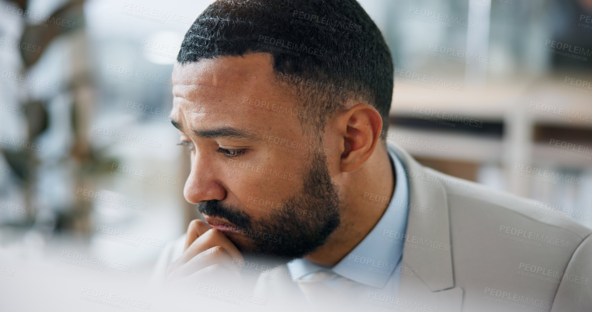 Buy stock photo Thinking, business and man in office with concern, bad news and mistake for financial loss. Thoughts, male person and stress in workplace with computer, bookkeeping error and solution for debt crisis