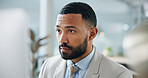 Business, man and reading in office with computer, research and finance report for bookkeeping. Male person, review or pc in workplace for email, financial audit and information for investment agenda