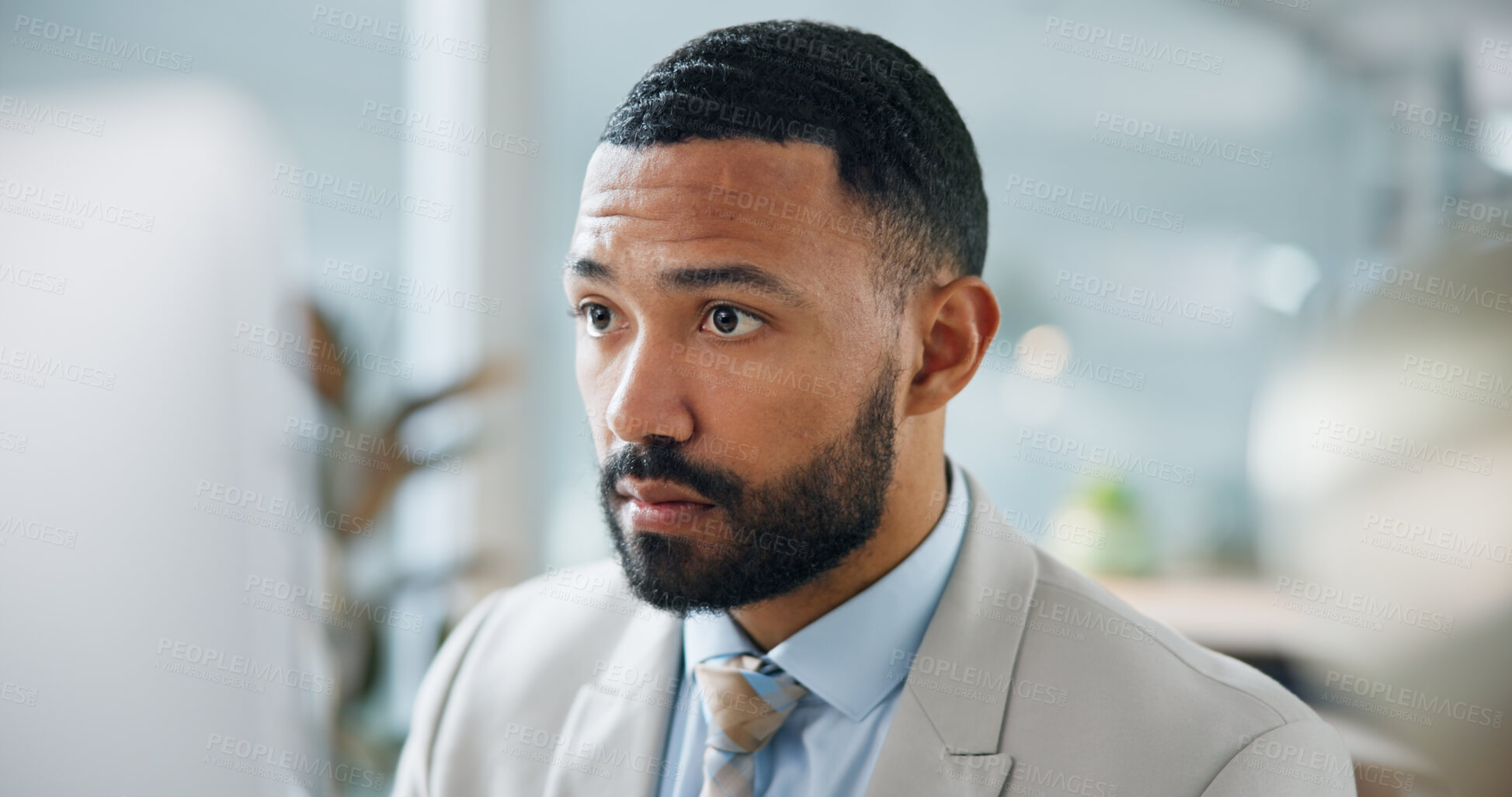 Buy stock photo Business, man and reading in office with computer, research and finance report for bookkeeping. Male person, review or pc in workplace for email, financial audit and information for investment agenda