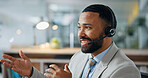 Business, man and headset with smile at call centre, customer service and advice for online query. Happy, advisor and mic in office for consultation, client support and crm representative for telecom
