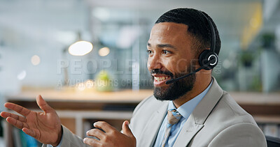 Buy stock photo Business, man and headset with smile at call centre, customer service and advice for online query. Happy, advisor and mic in office for consultation, client support and crm representative for telecom