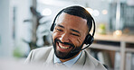 Business, man and headset with computer at call centre, customer service and advice for query. Smile, male agent and mic in office with tech, client support and crm representative for virtual telecom