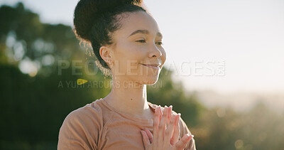 Buy stock photo Yoga, namaste or woman in nature with meditation, calm practice or mindfulness in wellness activity. Peace, space or person outdoor with prayer hands, zen or mindset improvement for holistic health.