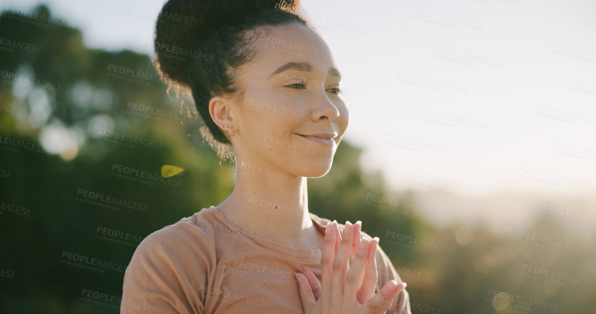 Buy stock photo Yoga, namaste or woman in nature with meditation, calm practice or mindfulness in wellness activity. Peace, space or person outdoor with prayer hands, zen or mindset improvement for holistic health.