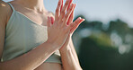 Yoga, namaste or hands in nature with meditation, calm practice or mindfulness in wellness activity. Inner peace, mudra or woman outdoor with space, zen or mindset improvement for holistic health.