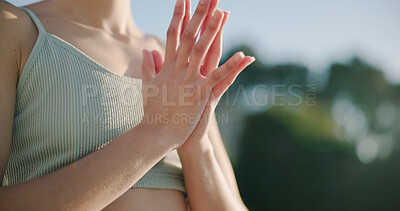 Buy stock photo Yoga, namaste or hands in nature with meditation, calm practice or mindfulness in wellness activity. Inner peace, mudra or woman outdoor with space, zen or mindset improvement for holistic health.