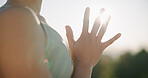 Yoga, namaste or hands outdoor with meditation, calm practice or mindfulness in wellness activity. Inner peace, mudra or woman in nature with flare, zen or mindset improvement for holistic health.