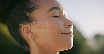 Buy stock photo Mindfulness, breathing and woman with smile on break, outdoor and relax with inner peace on weekend. Calm, person and stress relief with fresh air at park, thinking and happy with thoughts on holiday