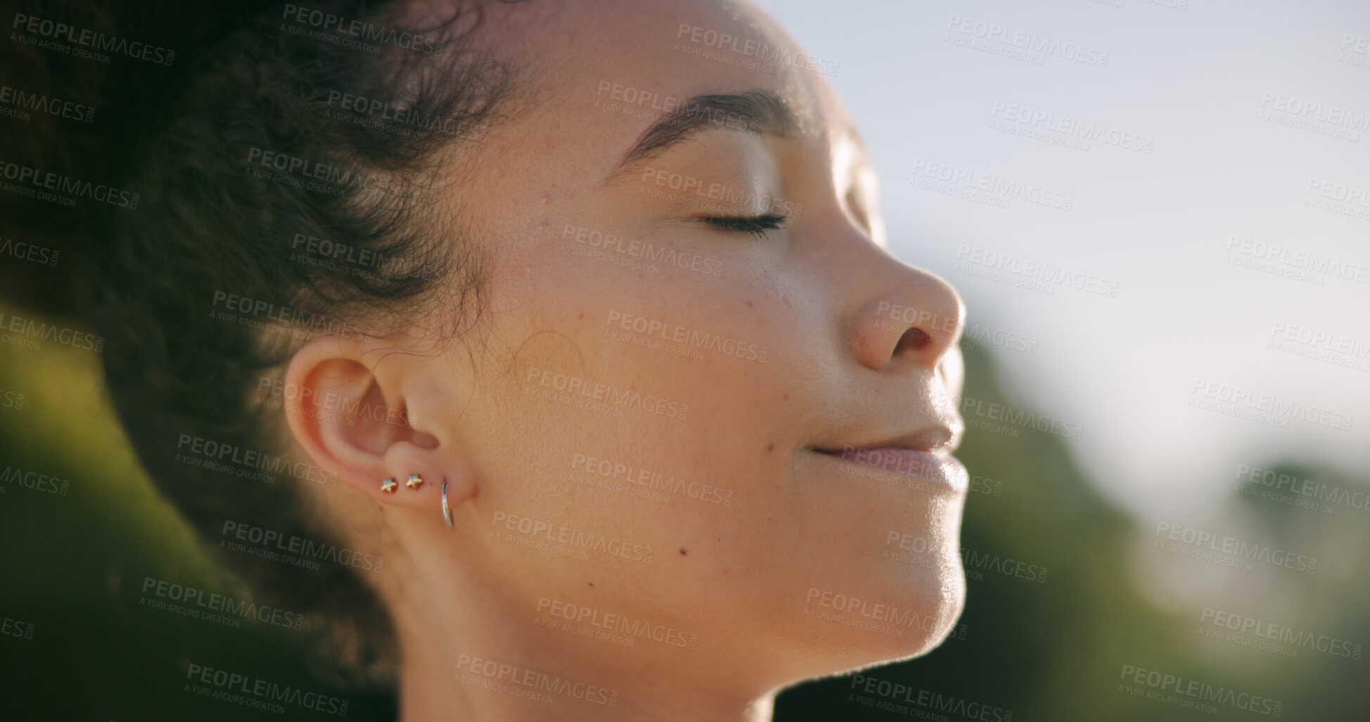 Buy stock photo Mindfulness, breathing and woman with smile on break, outdoor and relax with inner peace on weekend. Calm, person and stress relief with fresh air at park, thinking and happy with thoughts on holiday