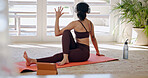 Tablet, stretching and yoga with woman in home for fitness subscription, streaming service and health. Exercise app, wellness and online class with person and headphones in house for self care
