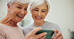 Friends, laugh and old women with phone in home, nostalgia or watch video together for past memory. Mobile, happy people and funny post on internet for bonding, meme or comedy with joke in retirement