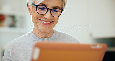 Buy stock photo Tablet, smile and senior woman in home on website for ebook, online article and reading story. Tech, retirement and happy person at apartment for digital literature, browsing internet and info