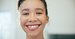 Smile, teeth and woman with dental care in home, oral wellness or dentistry benefits with space. Portrait, orthodontics and happy person with gum health, mouth hygiene and fresh breath at house