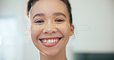 Buy stock photo Smile, teeth and woman with dental care in home, oral wellness or dentistry benefits with space. Portrait, orthodontics and happy person with gum health, mouth hygiene and fresh breath at house