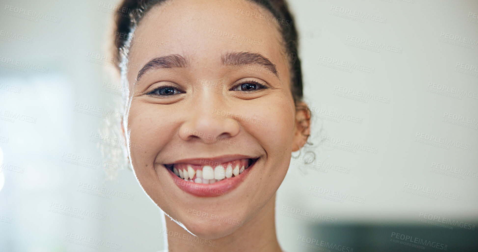 Buy stock photo Smile, teeth and woman with dental care in home, oral wellness or dentistry benefits with space. Portrait, orthodontics and happy person with gum health, mouth hygiene and fresh breath at house