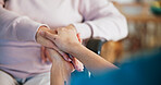 Caregiver, holding hands and comfort for patient in wheelchair, help and healthcare in nursing home. Assisted living, nurse and support for senior person with disability, elderly care and kindness