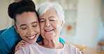 Happy, hug and nurse with senior woman in home for comfort, support or medical help in living room. Smile, retirement and caregiver embracing elderly person for healthcare consultation in house.