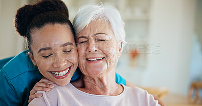Buy stock photo Happy, hug and nurse with senior woman in home for comfort, support or medical help in living room. Smile, retirement and caregiver embracing elderly person for healthcare consultation in house.