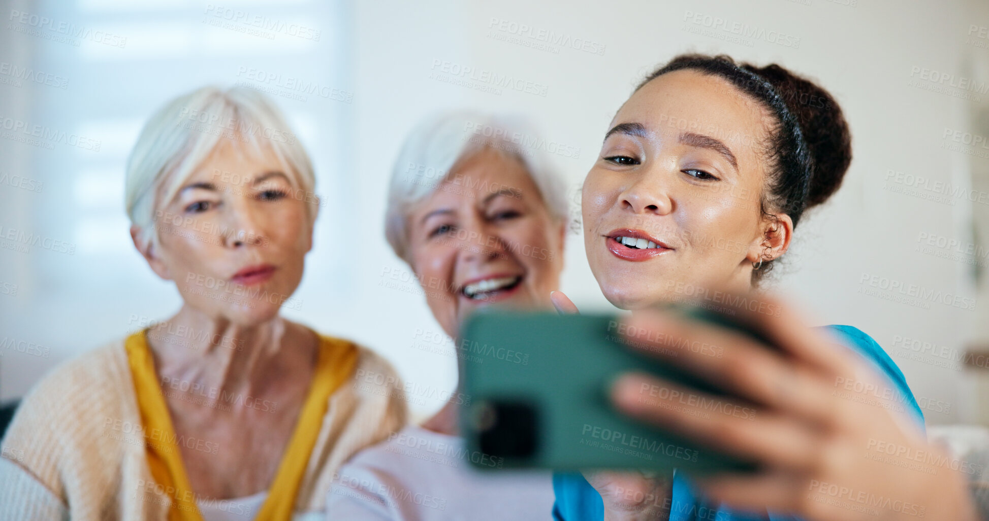 Buy stock photo Caregiver, selfie and senior women with smile for online post, memory and photography together. Nurse, happy people and picture in retirement home with care, medical support or social media update