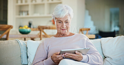 Buy stock photo Tablet, relax and senior woman in home on website for ebook, online article and check story. Tech, retirement and person chill on sofa at apartment for digital literature, browsing internet and info