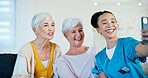 Nurse, selfie and elderly women with smile for memory, status update and friends in homecare. Happy people, caregiver and picture in retirement home, medical support and photo for social media post