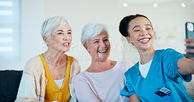 Buy stock photo Nurse, selfie and elderly women with smile for memory, status update and friends in homecare. Happy people, caregiver and picture in retirement home, medical support and photo for social media post
