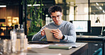 Tablet, research and businessman in office with statistics for finance report with stock market analysis. Digital technology, reading and financial advisor on app for investment revenue in workplace.
