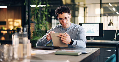 Buy stock photo Tablet, research and businessman in office with statistics for finance report with stock market analysis. Digital technology, reading and financial advisor on app for investment revenue in workplace.
